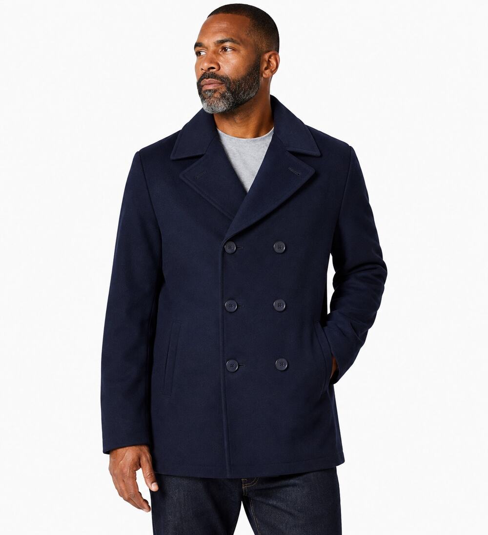 Nordstrom Men’s XL Navy Wool Blend Double Breasted Peacoat Trim Fit NWOT